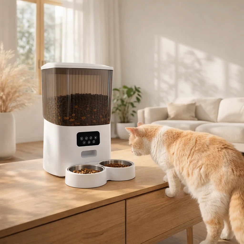 Automatic pet feeder wifi camera in a modern home with a cat approaching the smart dispenser