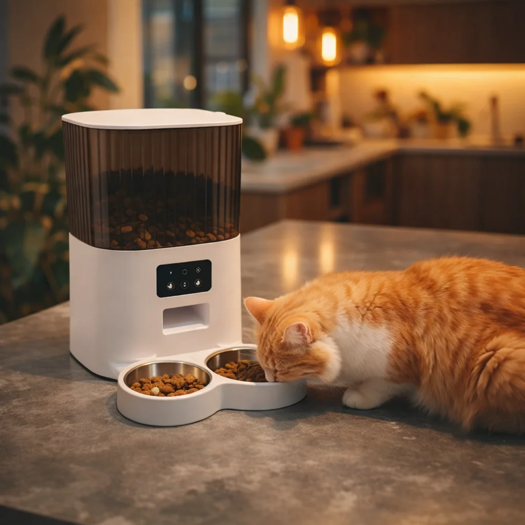 Smart automatic cat feeder with stainless steel bowl dispensing food for a happy cat in a modern kitchen