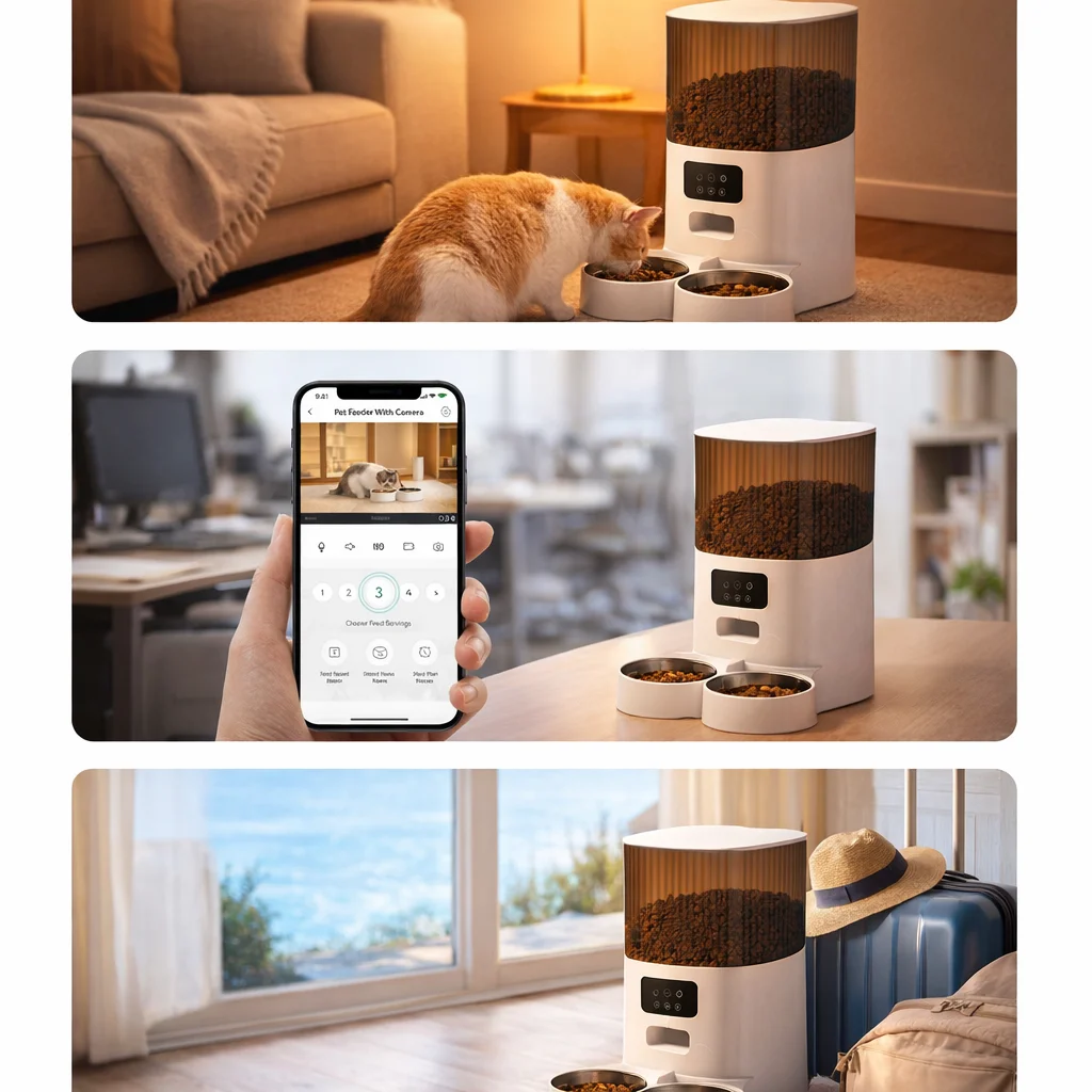 Automatic pet feeder wifi camera being used in different lifestyle scenarios - apartment living, remote monitoring, and travel