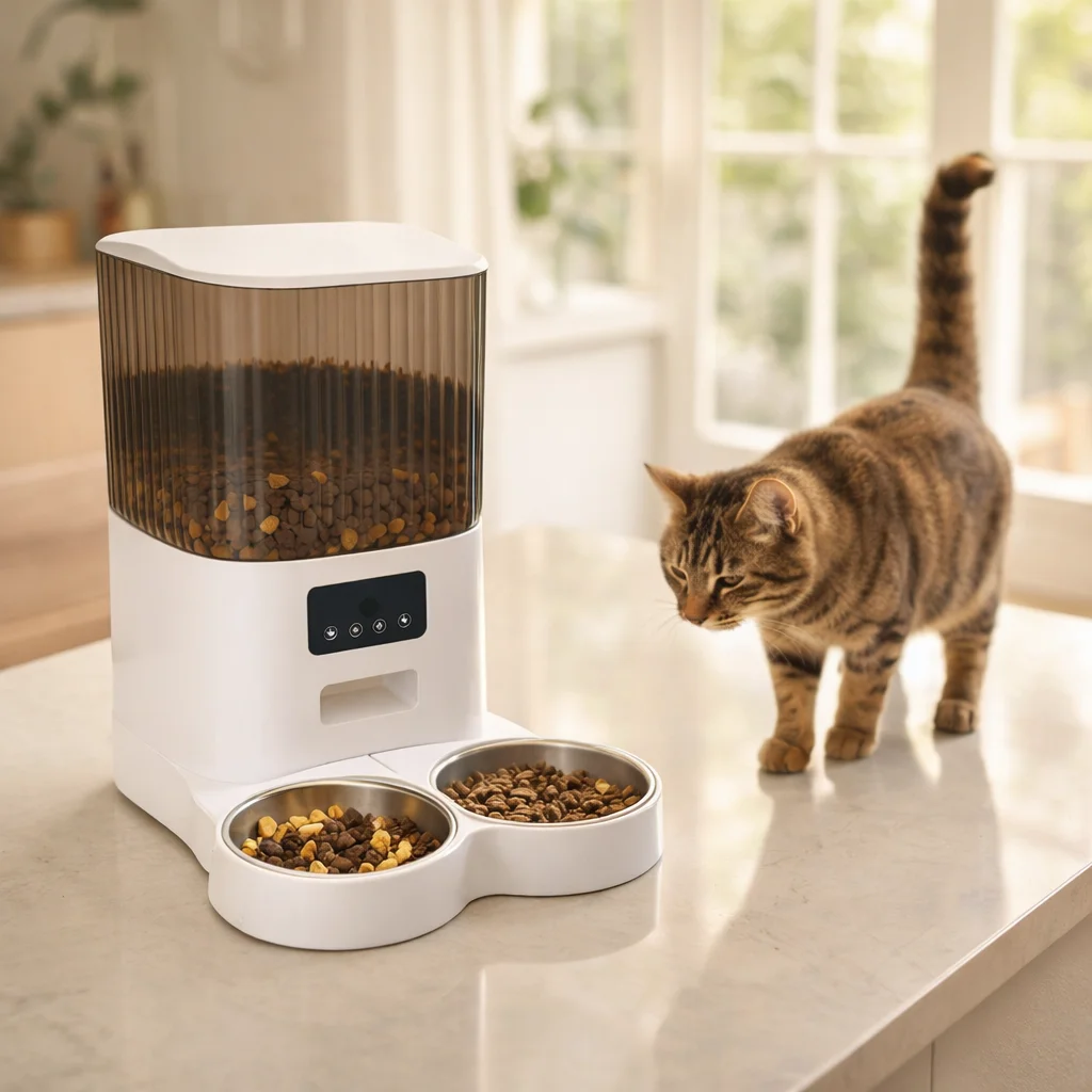 Smart pet feeder wifi camera keeping cat fed and happy while owner is away on vacation travel